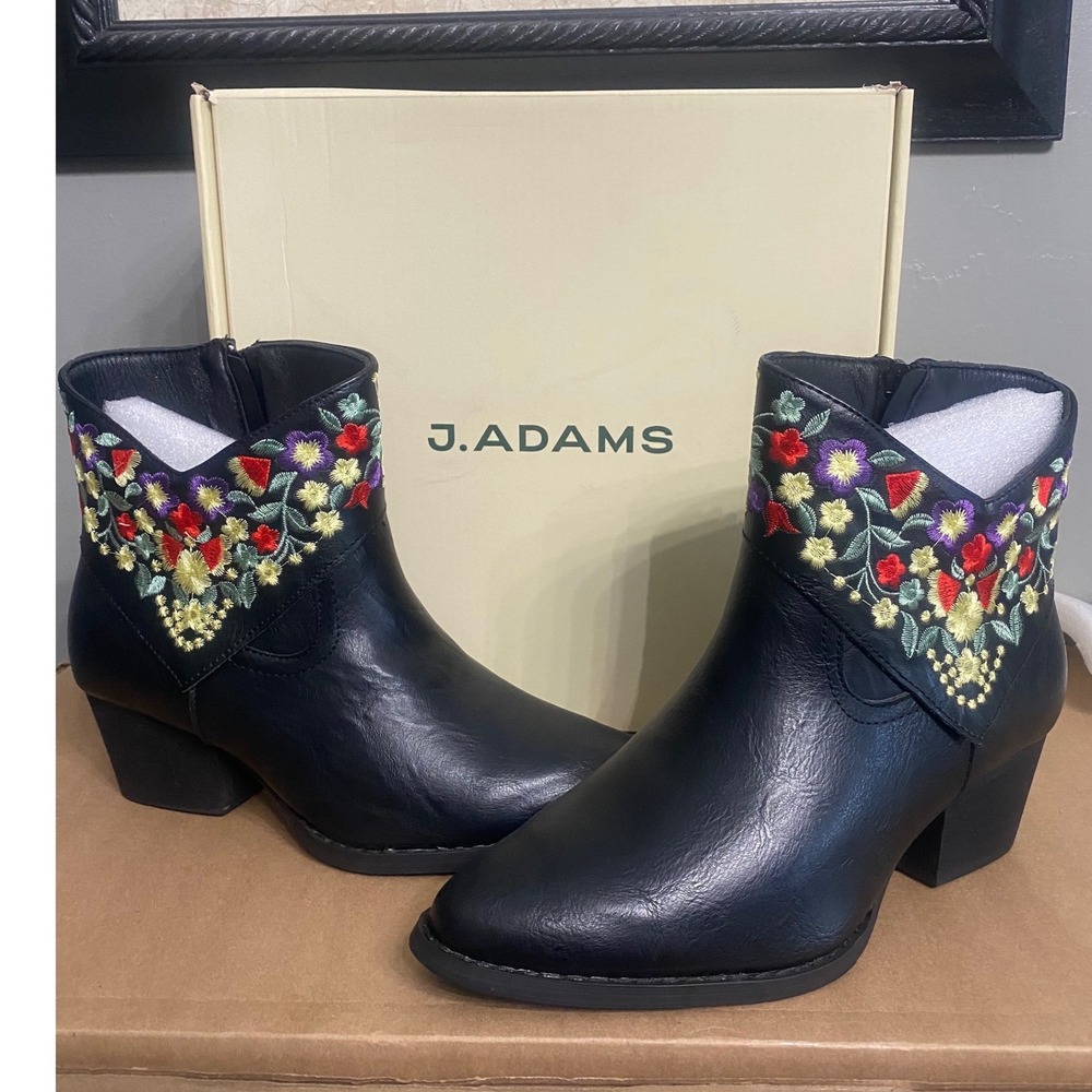J. Adams Corral Black Floral Embroidered Western Ankle Boots Vegan Leather 8